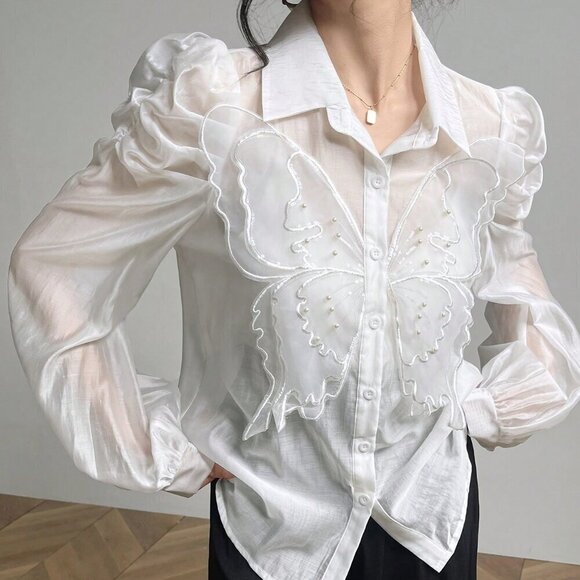White Elegant Women's 3D Butterfly Decorated Puff Sleeve Blouse - Picture 2 of 8